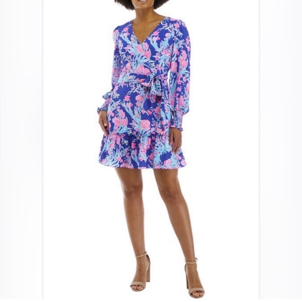 Lilly Pulitzer Blue and Pink Floral Long Sleeve Wrap Dress